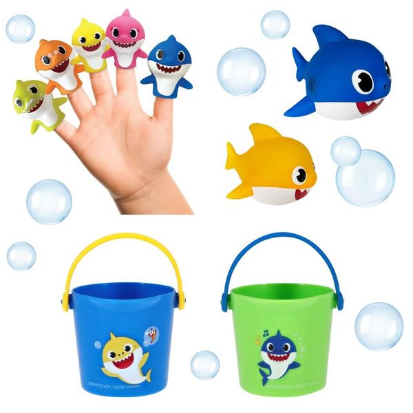 Nickelodeon Pink Fong Baby Shark Bath Toys Set for Children's Tub Time - Cups, Finger Puppets, and Bath Squirters, Blue/Green, 10 Pieces