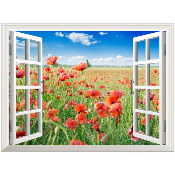 Removable Wall Sticker/Wall Mural - Beautiful Poppy Field in The Spring | Creative Window View Wall Decor - 24"x32"