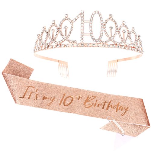 Rose Gold 10th Birthday Sash and Tiara for Girls, 10th Birthday Decorations for Girls, 10th Birthday Crown and Sash Set, Happy 10th Birthday Decorations, 10th Birthday Gifts for Girls