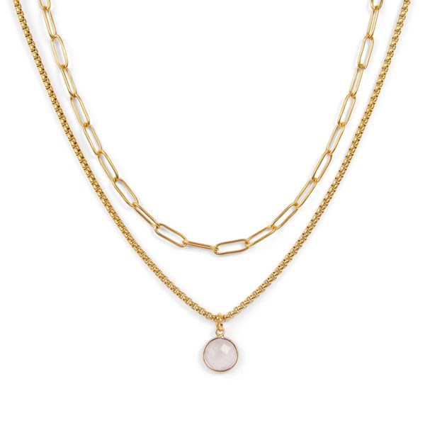 Classic Gold Stone Pendant Necklace Set - Paperclip Chain & White Quartz