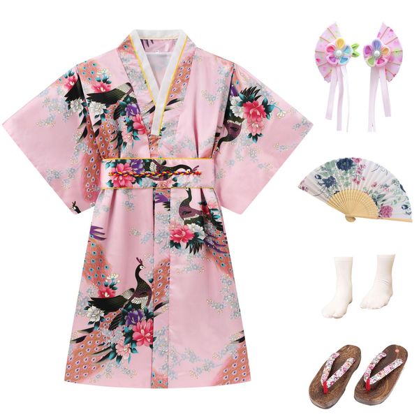 Cutey May Japanese Traditional Dress for Girls Costume Kimono for Kids Set (Pink, 5-6Years(120cm))