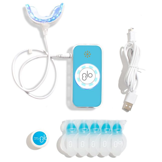 GLO Science — GLO Brilliant Advanced White Smile — Teeth Whitening Device Kit w/Patented Illuminating Heat Warming Mouthpiece and LED Light Technology — Designed for Sensitive Teeth, Blue Device