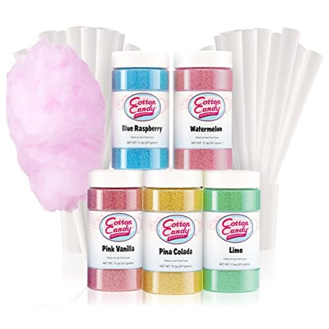 Cotton Candy Express Floss Sugar Variety Pack with 5 - 11oz Plastic Jars of Lime, Watermelon, Pina Colada, Blue Raspberry, Pink Vanilla Flossing Sugars Plus 50 Paper Cotton Candy Cones