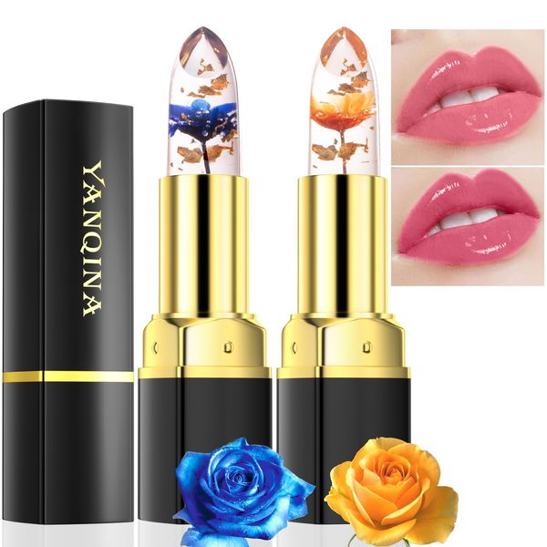 Incisite YANQINA 2Pcs Flower Jelly Lipstick,Temperature Color Changing Lipstick, Long Lasting Nutritious Moisturizing Lip Balm, Crystal Flower Lip Gloss,Lip Stick with Flower Inside For Women Girls