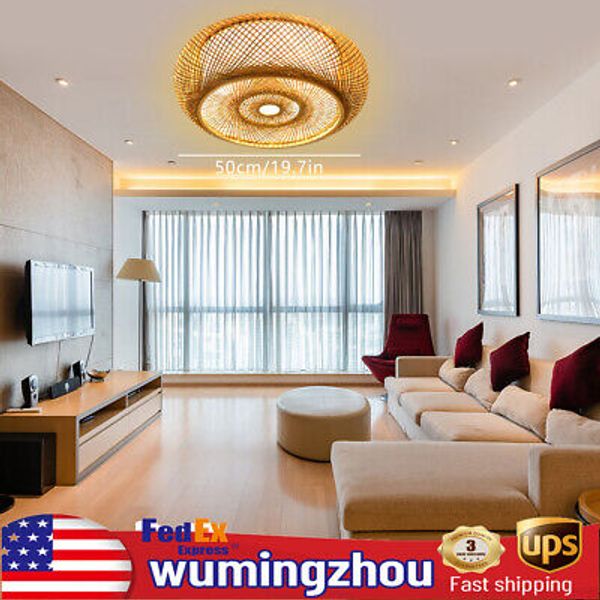 20" Flush Mount Bamboo Shade Ceiling Light Fixture Hanging Pendant Lamp Design