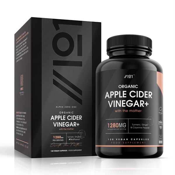 Organic Apple Cider Vinegar 1280mg - 120 Capsules - with Turmeric, Ginger & Cayenne Pepper - Raw Unfiltered with The Mother (60 Day Supply) by Alpha01