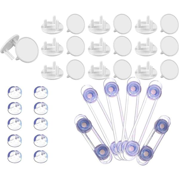 Child Proof Plug Socket Covers UK 20 PCS + Corner Protectors 10 PCS+ Baby Safety Locks 6 PCS - Baby Safety Set for General Home Safety and Your Children’s Safety