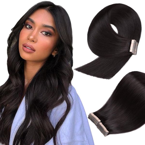 YDDM Tape In Extensions Echthaar 20pcs 40cm 40g Natürliches Schwarz Invisible Tape Extensions Echthaar Extensions Tape Extensions Echthaar Tape Extensions Skin Weft Haarverlängerung(16Zoll,1B#)