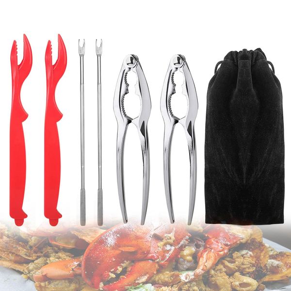 6Pcs Multifunctional Seafood Tools Set Includes 2 Crab Crackers, 2 Crab Leg Forks, 1 Lobster Cracker Sheller,1 Flannel Bag Stainless Steel Seafood Opener Tool Kit Nut Cracker Set