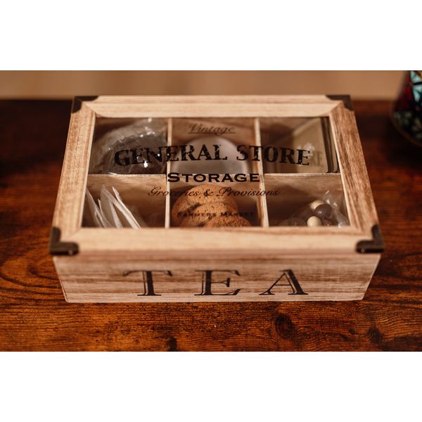 HomeZone Shabby Chic Vintage 6 Compartment Tea Bag Box Caddy Storage Tea Display Box Rustic Look Kitchen Ware Home Vintage Style Tea Chest