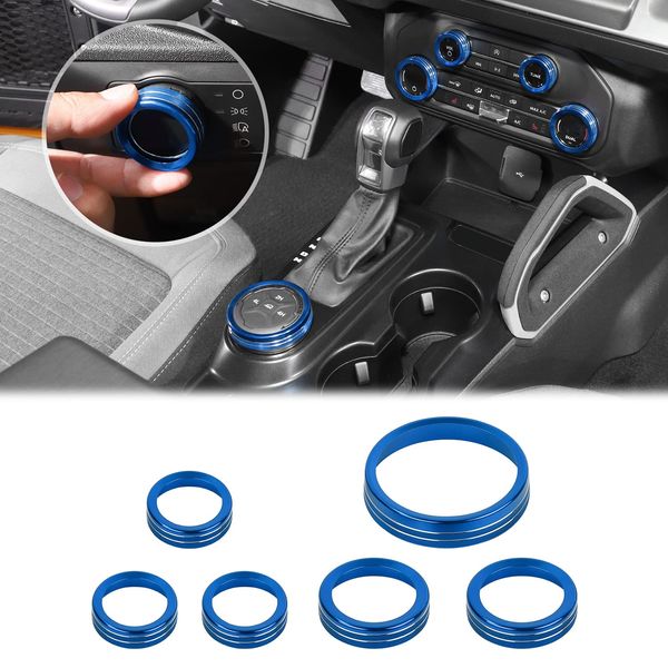 JWWY Air Conditioner Headlight Switch Knob 4WD Wheel Drive Trailer Gear Switch Knob Cover for 2021-2024+ Ford Bronco Accessories Aluminum Alloy 6PCS Blue（Don't fit Bronco Sport）