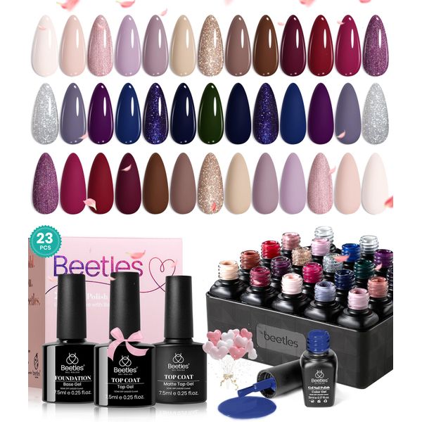 beetles Gel Polish 23 Pcs Gel Nail Polish 20 Colors Neutral Shimmer Nude Brown Red Purple Gel Polish Royal Blue Gel Nail Kit with Base Matte&Glossy Top Coat Soak off Uv Lamp Manicure Set Gift for Girl