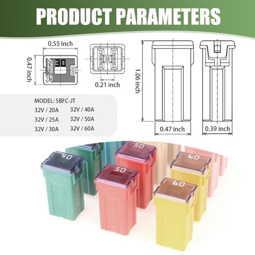 Micro Cartridge Fuses Micro Fuse Car Fuse Assortment Kit, 20A 25A 30A 40A 50A 60A Six Specifications 32V Square Blade Fuse, Multi-Function Cigarette Lighter Fan Fuse, Universal for Most Cars