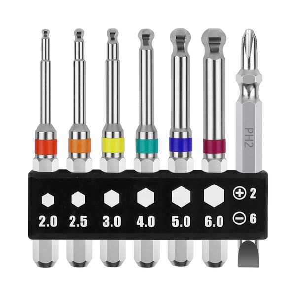 OIENNI Ball Point Hex Bit Set, 7 Pieces, 2.6 inches (65 mm), Single Head, 0.25 inch (6.35 mm) Hexagonal Shaft, Magnetic Driver Bit, Opposite Side 2/2.5/3/4/5/6 for Electric Screwdrivers (65 mm 7