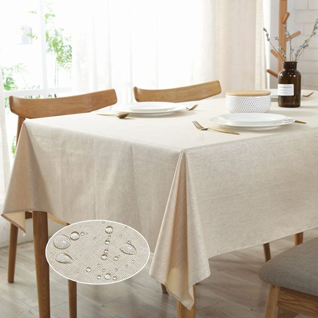 Forhomelife Tablecloth, Waterproof, Linen, Water Repellent, Table Cover, Solid, Stylish, Nordic, Easy Care, Oil-proof, Mildewproof, 51.2 x 70.9 inches (130 x 180 cm), Rectangle, Beige