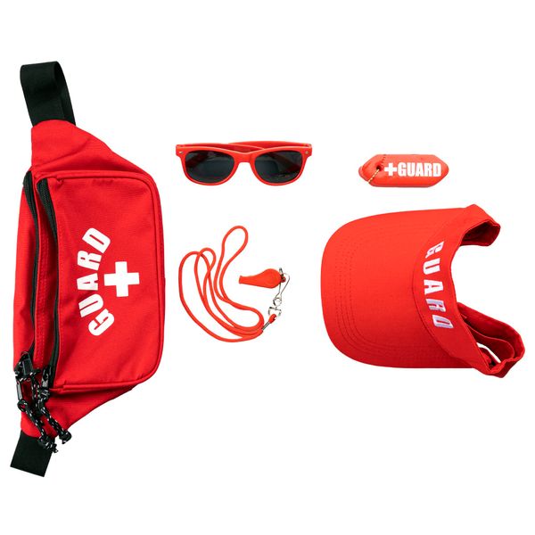 Lifeguard 6 Piece Accessories Kit - Fanny Pack First Aid Pouch w/Adjustable Waist Hip Strap, Red Sun Visor w/Adjustable Strap, Whistle & Lanyard, Red Sunglasses, Rescue Tube Float Keychain