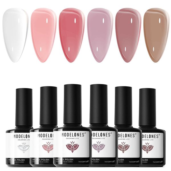 modelones Jelly Gel Nail Polish Set 6 Colors, Winter Translucent Nude Brown Beige Taupe Pink Milky White Sheer Korean Trend Icy Transparent Nail Art Design Starter Kit Manicure at Home Holiday Gifts