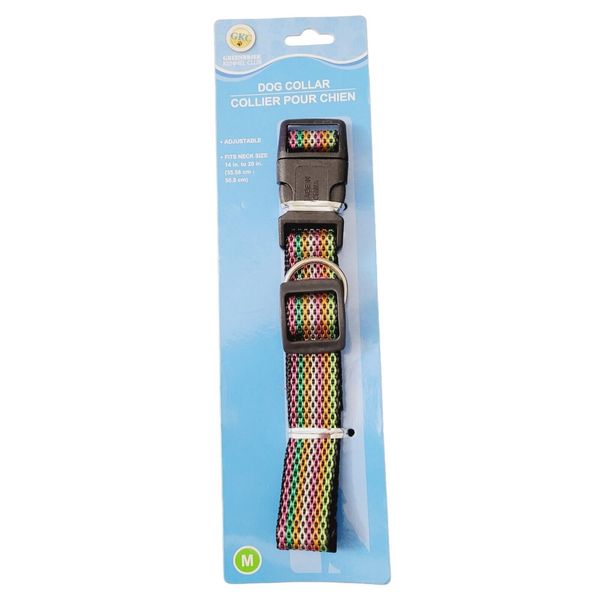 Size Medium Adjustable Dog Collar Nylon Rainbow Stripes On Black 14"-20" Unisex