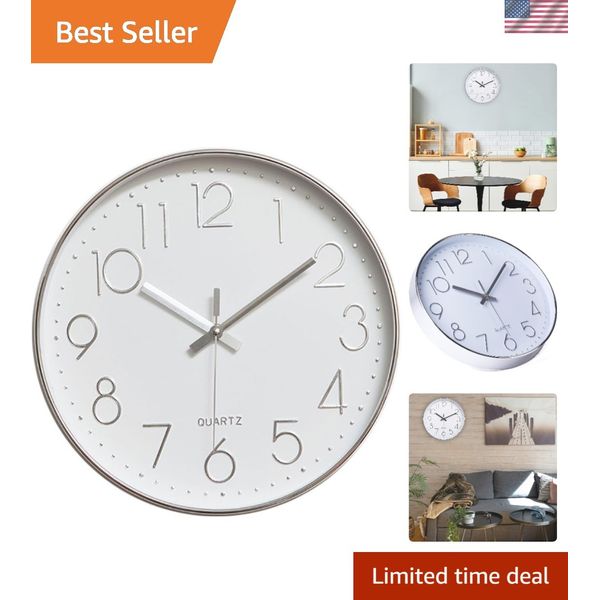 Silent 12-Inch Wall Clock with Modern Silver Frame - Perfect for Any Room