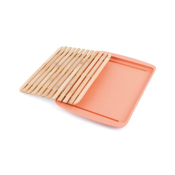 Bamboo Wood Cutting Board Lid w/ drop-through crumb spaces; on Bamboo Fibre Large Serving Tray Peach