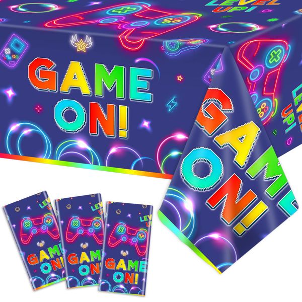 gisgfim 3pcs Video Game Tablecloths Game On Party Plastic Table Cover Gaming Table Cloth Party Decoration Neon Gamer Party Birthday Supplies for Kids Boys Girls Gaming 108 x 54 Inch