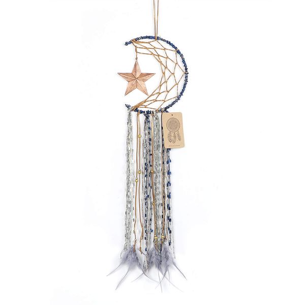 Dremisland Blue Dream Catcher Handmade Half Circle Moon Star Design with Feathers Dreamcatcher Wall Hanging Home Decoration Ornament Christmas Festival Craft Gift (Blue)