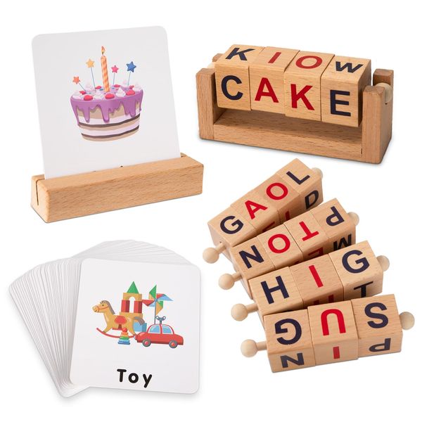 Spelling Games Wooden Spin Alphabet Toy, Matching and Learning Words Blocks with Flash Cards Montessori Educational Toys for Boy Girl Toddler 3 4 5+ Years Old