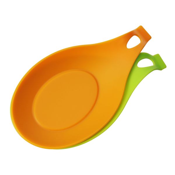 kwmobile 2x Spoon Rest Silicone Spoon Rest - Ladle Rest Kitchen Utensil Holder Heat Resistant Soft - 9.5x20cm Green/Orange