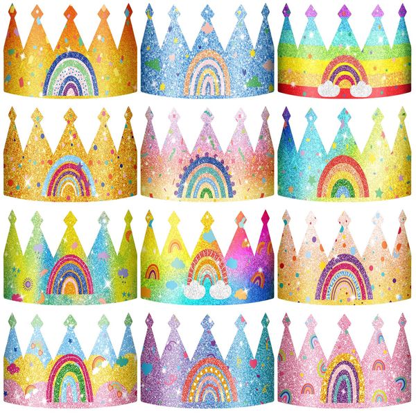 Sinmoe 32 Pcs Rainbow Birthday Party Crown for Kids Birthday Party Hats Rainbow Glitter Decorations Paper Crowns Headband for Girls Birthday, Rainbow Party Supplies, Classroom Activities,12 Styles