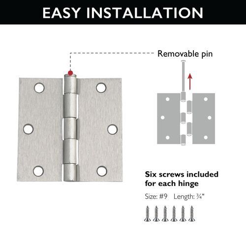 Design House 181479 Square Corner Steel Door Hinge Door Hardware Door Hinges Interior Doors, 3.5" x 3.5", Satin Nickel, 3Pack
