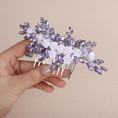 Teyglen Flower Rhinestone Wedding Hair Comb Floral Crystal Hair Piece Purple Crystal Hair Side Comb Flower Bridal Headpiece Hair Accessories for Women (Purple)