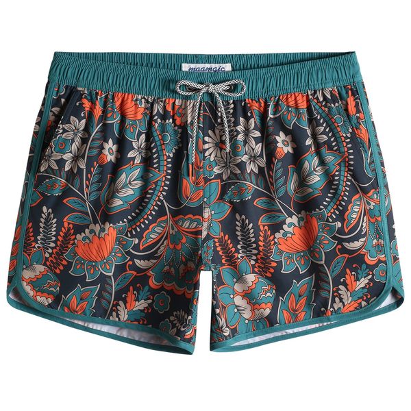 MaaMgic Herren Badeshorts Vintage Retro Boardshorts 4 Way Stretch Schnelltrocknend mit Mesh-Futter und Verstellbarem Tunnelzug MEHRWEG Blume Dunkelgrün L