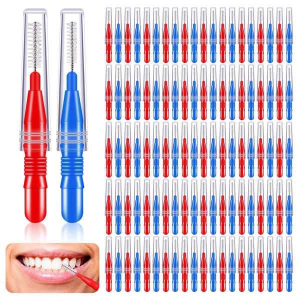 Tophoniex 100 Packs Interdental Brush Toothpicks, Dental Floss Head Dental Tooth Brush Oral Dental Flosser Stick Toothpick Tooth Cleaner with Storage Box (Red and Blue)