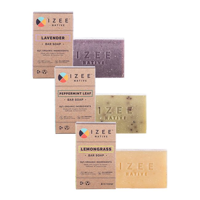 Izee Native Botanical Bar Soap 3-Pack 3 count 4oz Lavender, Peppermint Leaf, Lemongrass Bar Soap | Earth-Safe Biodegradable Bar Soap Made in USA With Natural and Organic Ingredients