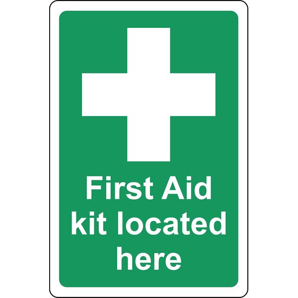 First aid kit located here Safety sign - Self adhesive sticker (200mm x 150mm)