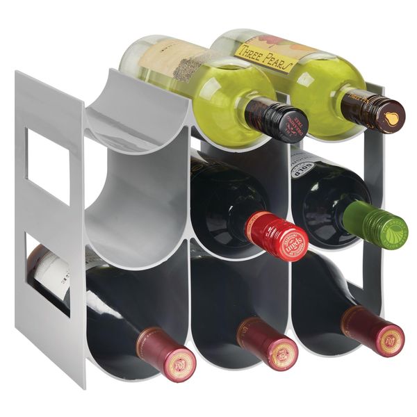 mDesign Plastic Water Bottle Organization/Wine Rack Storage Organizer for Kitchen Countertops, Cabinet, Bin, Pantry, Fridge, Refrigerator, 3 Tiers, 9 Bottles, Lumiere Collection - Gray