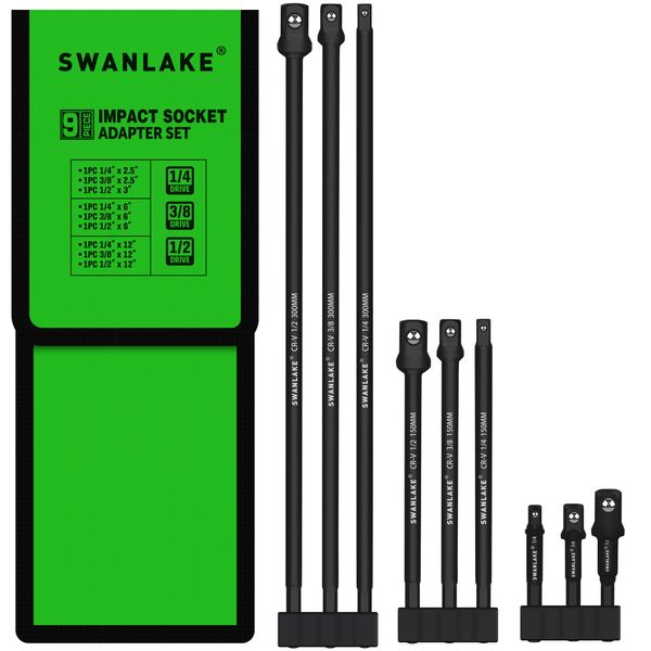 SWANLAKE 9-Piece Impact Grade Power Drill Sockets Adapter Sets, 3-Inch 6-Inch and 12-Inch Hex Shank Impact Driver Socket Adapter, Socket to Drill Adapter 1/4" 3/8" 1/2" Impact Driver Adapter