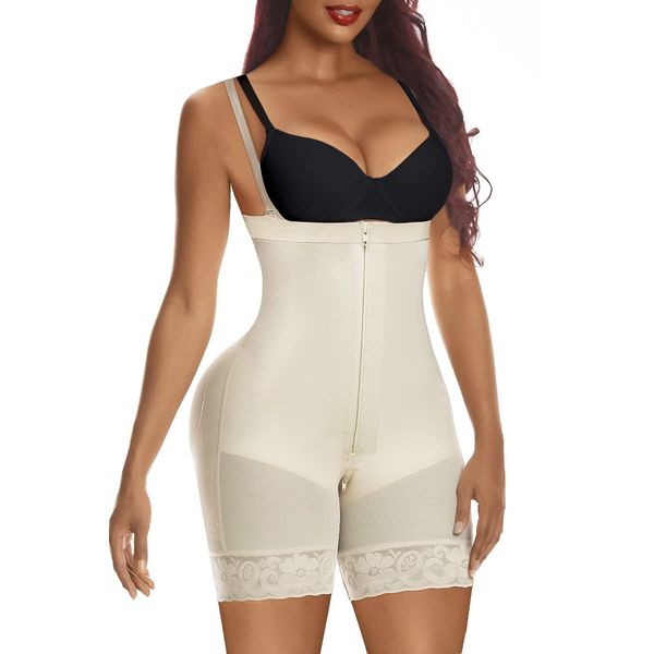 YIANNA Shapewear Damen Bauchweg Body Stark Formend Miederbody mit Bein Shaper Bodyformer Fajas Colombianas Mieder Bodyshape Zipper Beige XL 7257