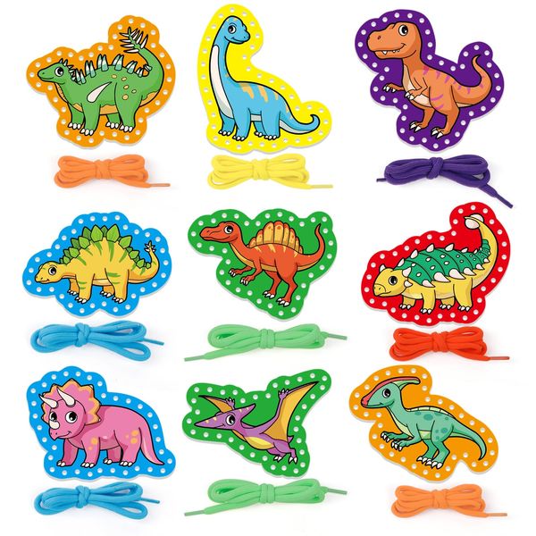 Aizweb Dinosaur Lacing Cards,Sewing Kit for Toddlers, Fine Motor Skill Toys,Threading Toys for Preschoolers,Shoe Tying Practice Art and Craft for Kids Educational Kindergarten Learning Activities