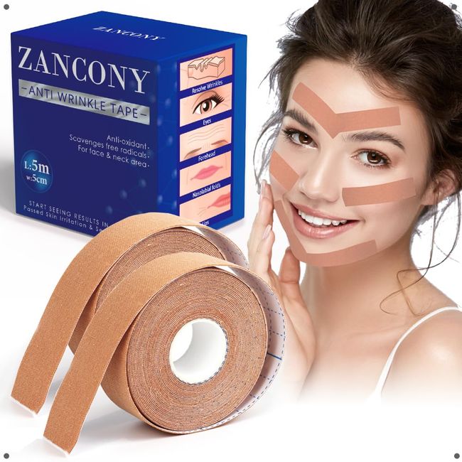 zancony Anti-Wrinkle Tape Facial Myofascial Lift-Smoothes Wrinkles Suits for All Parts of The Face and Neck - Forehead Fines Nasolabial Folds Crow's Feet Necklines etc, 2.5CM*2Rolls