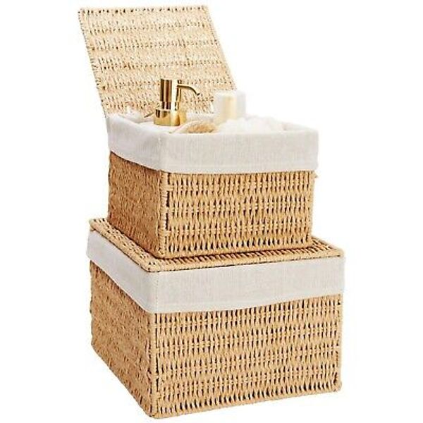 2 Pack Wicker Basket With Lids Woven Storage With Removable Liners 2size Square