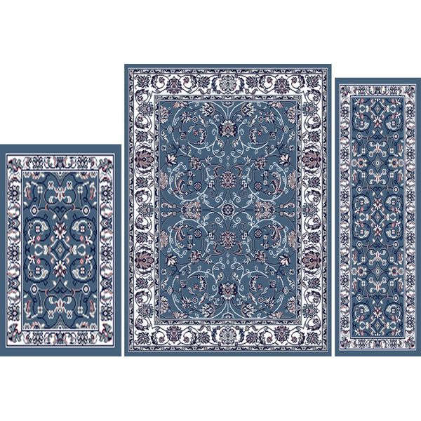 Traditional Blue Ivory Oriental 3 Pcs Vine Persien Leaf Area Rug Runner Mat Set