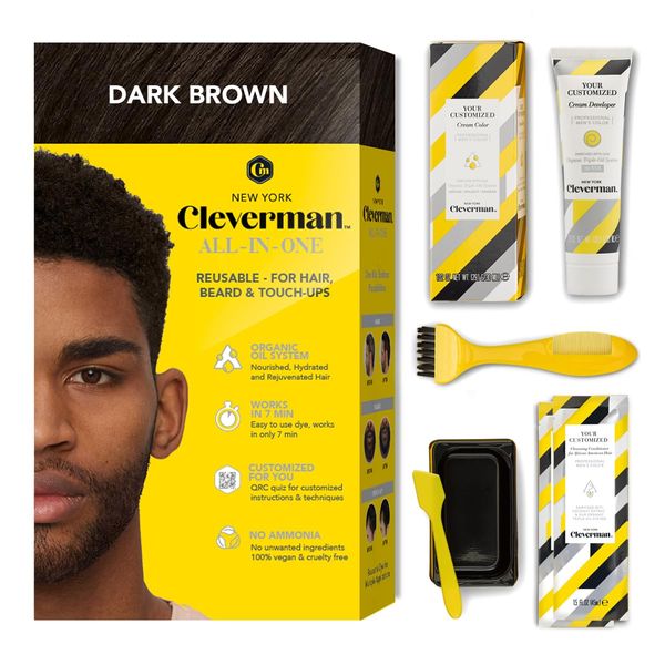 Cleverman Dark Brown Hair & Beard Dye For Black Men. All-in-One Reusable Kit - For Natural-Looking Results. Professional-Quality Color For Beard & Mustache. Ammonia-Free, Enriched with Coconut Extract