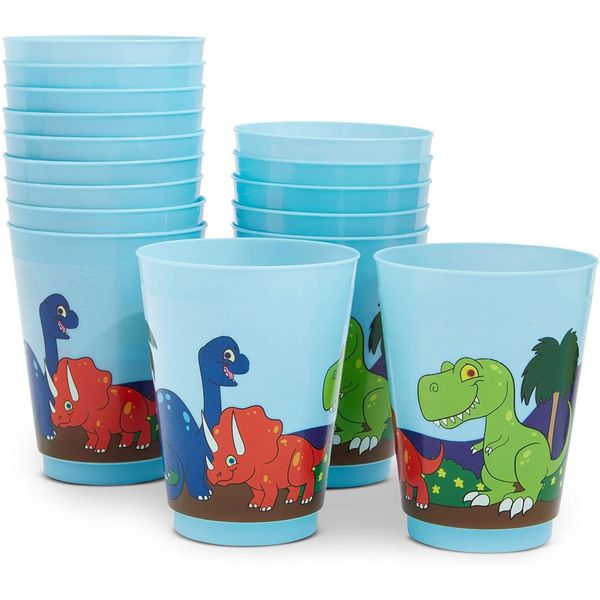 BLUE PANDA 16 Pack Plastic Dinosaur Cups for Kids, Cartoon Dino Party Favors for Birthday Party Supplies (16 oz)