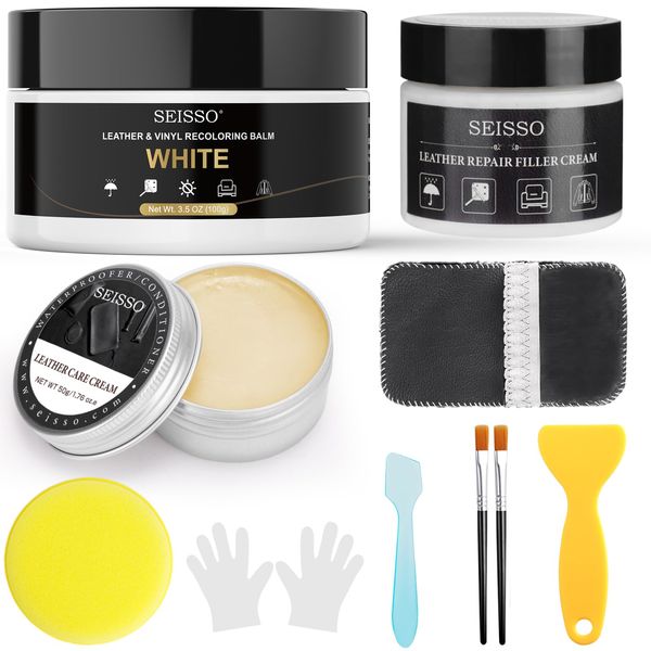 SEISSO Leather Recoloring Balm, Leather & Vinyl Repair Kit with Leather Care Oil & Leather Filler for Car Seats, Leather Shoes - Repairs Scratches and Easily Matches Any Color (White)