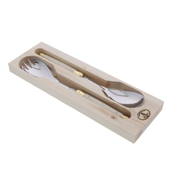 Jean Dubost Salad Servers, Ivory Handles - Rust-Resistant Stainless Steel - Includes Wooden Tray - Made in France