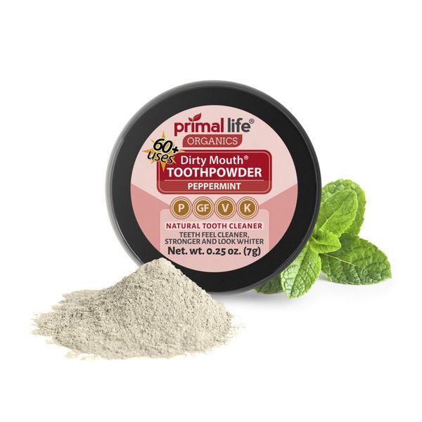 Dirty Mouth Tooth Powder for Teeth Whitening, Toothpaste Powder Teeth Whitener with Essential Oils and Bentonite Clay, 60 uses, Peppermint Flavor (.25 oz) - Primal Life Organics