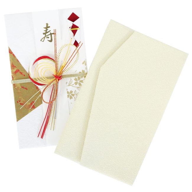 Fukusa (Japanese Wrapping Cloth) and Shugibukuro (Japanese Monetary Gift Envelope) Set, For Weddings and Other Joyous Occasions, Made in Japan, Magnetic Hook Type, Cream + Red Shugibukuro