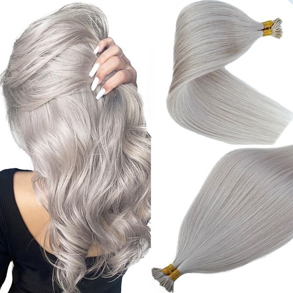 Silver I Tip Hair Extensions Human Hair 18 Inch I tip Keratin Hair Extensions Pre Bonded I Tip Hair Extensions 50Strands 50G Silver Real Hair Cold Fusion Silver Micro Bead Hair Extensions for Women