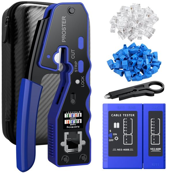 Proster RJ45 Crimping Tool, Compatible with CAT6A, CAT6, CAT5E, LAN Tester, Through Type, Crimping Pliers, Crimping Pliers, Compatible with RJ45 Connectors During Crimping, 50 Pieces, Through RJ45